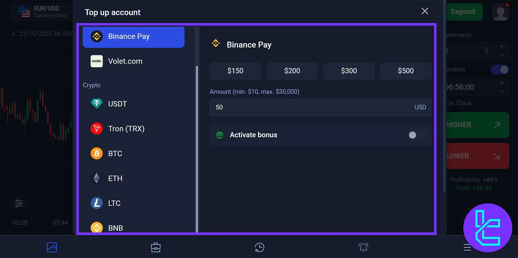 Binolla deposit page with Binance Pay and crypto options