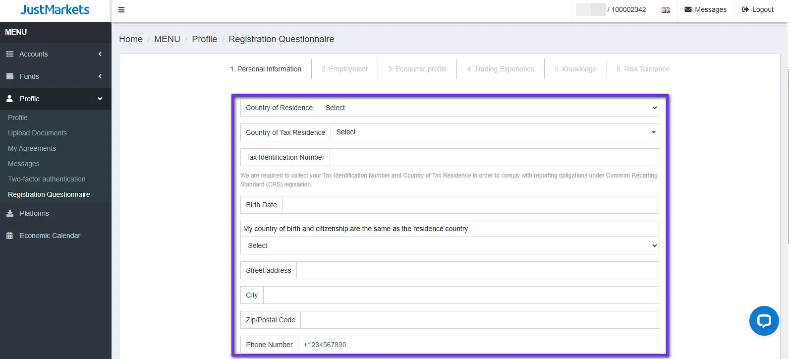 Complete the JustMarkets EU profile