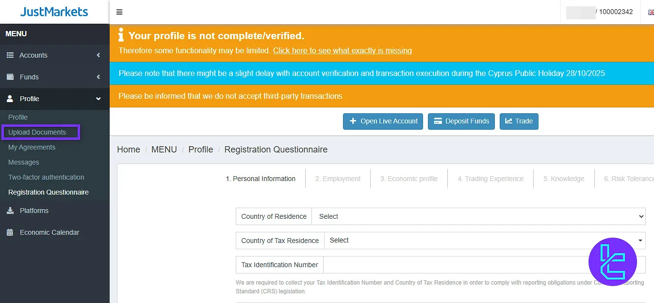 JustMarkets EU identity verification