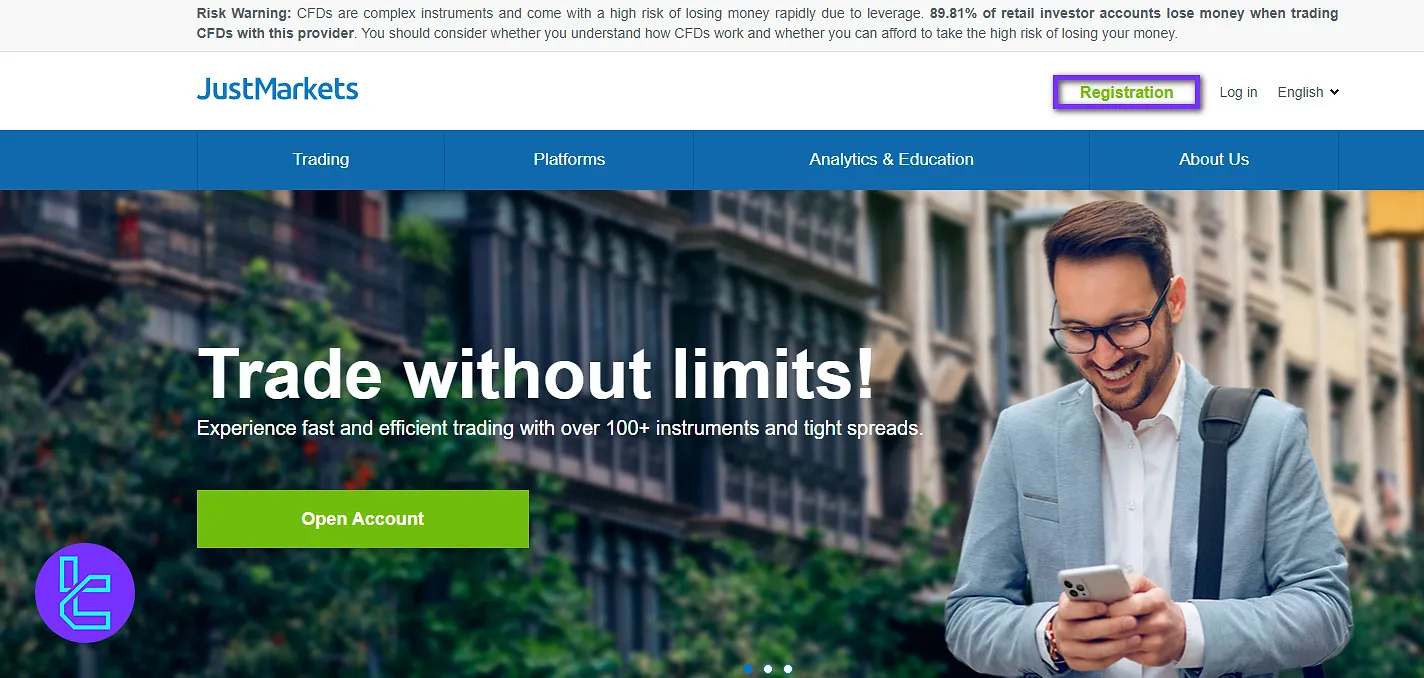 Start JustMarkets EU registration