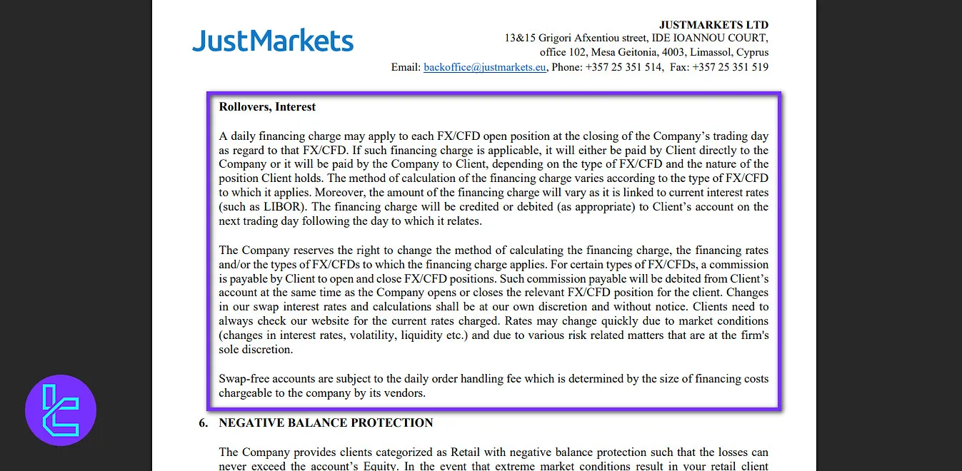 JustMarkets EU Swap Fees