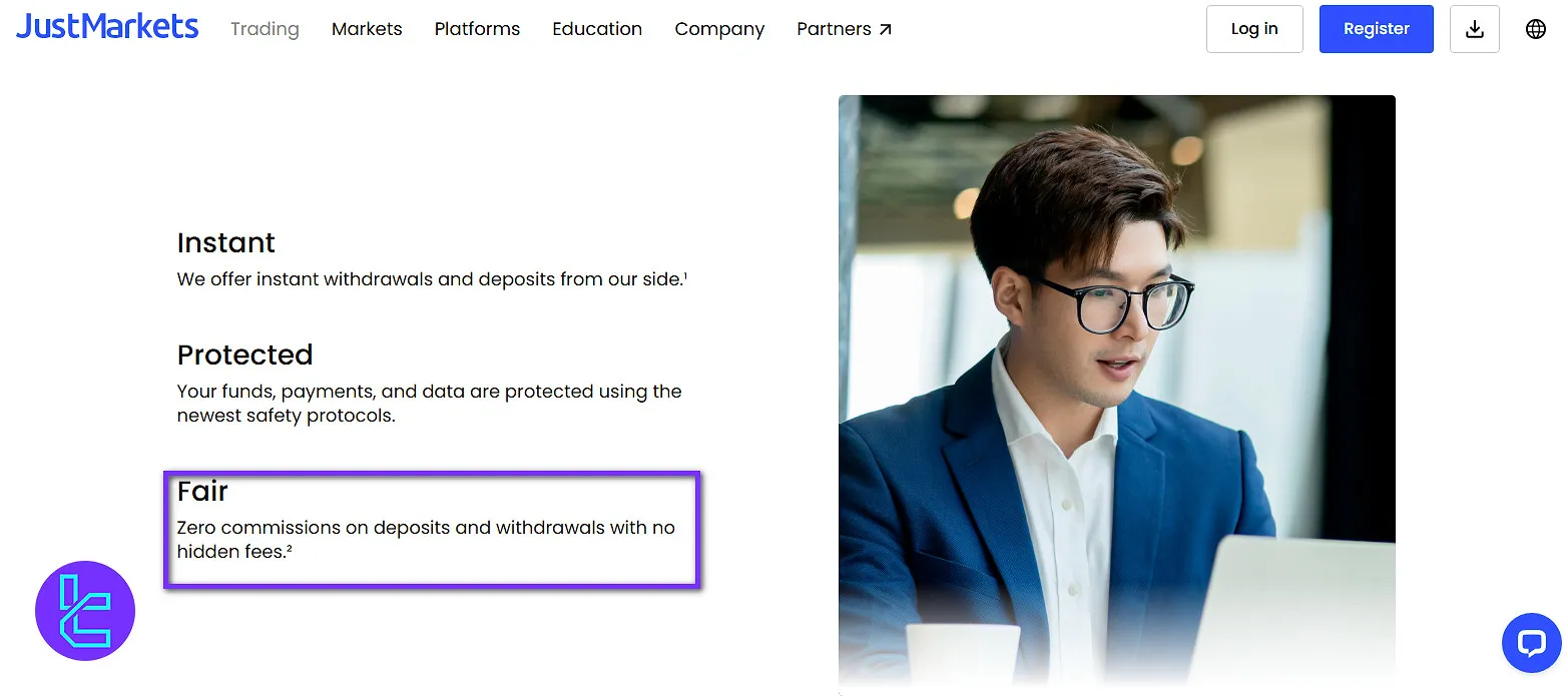 JustMarkets deposit and withdrawal fees