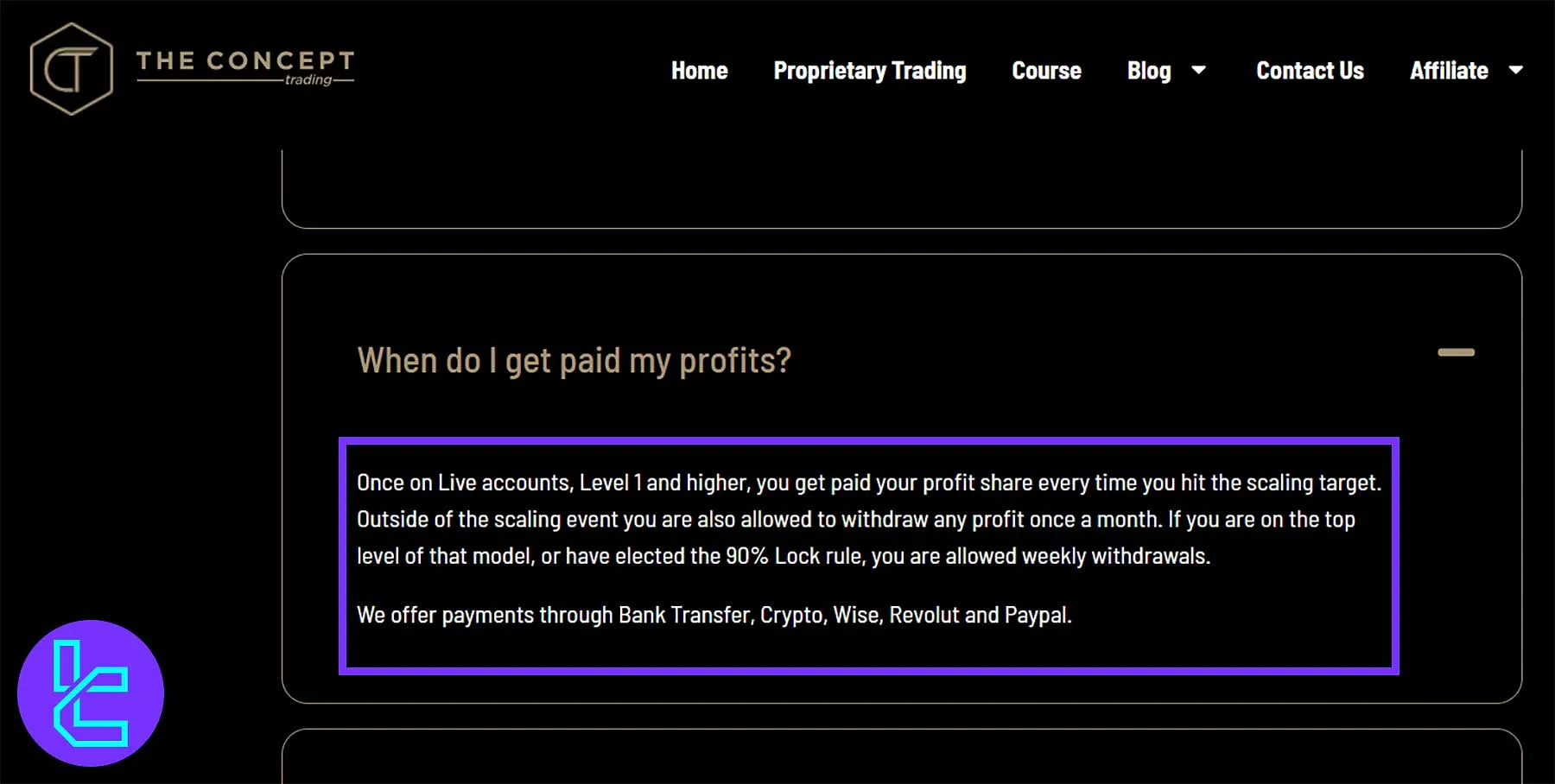 The Concept Trading payout system interface