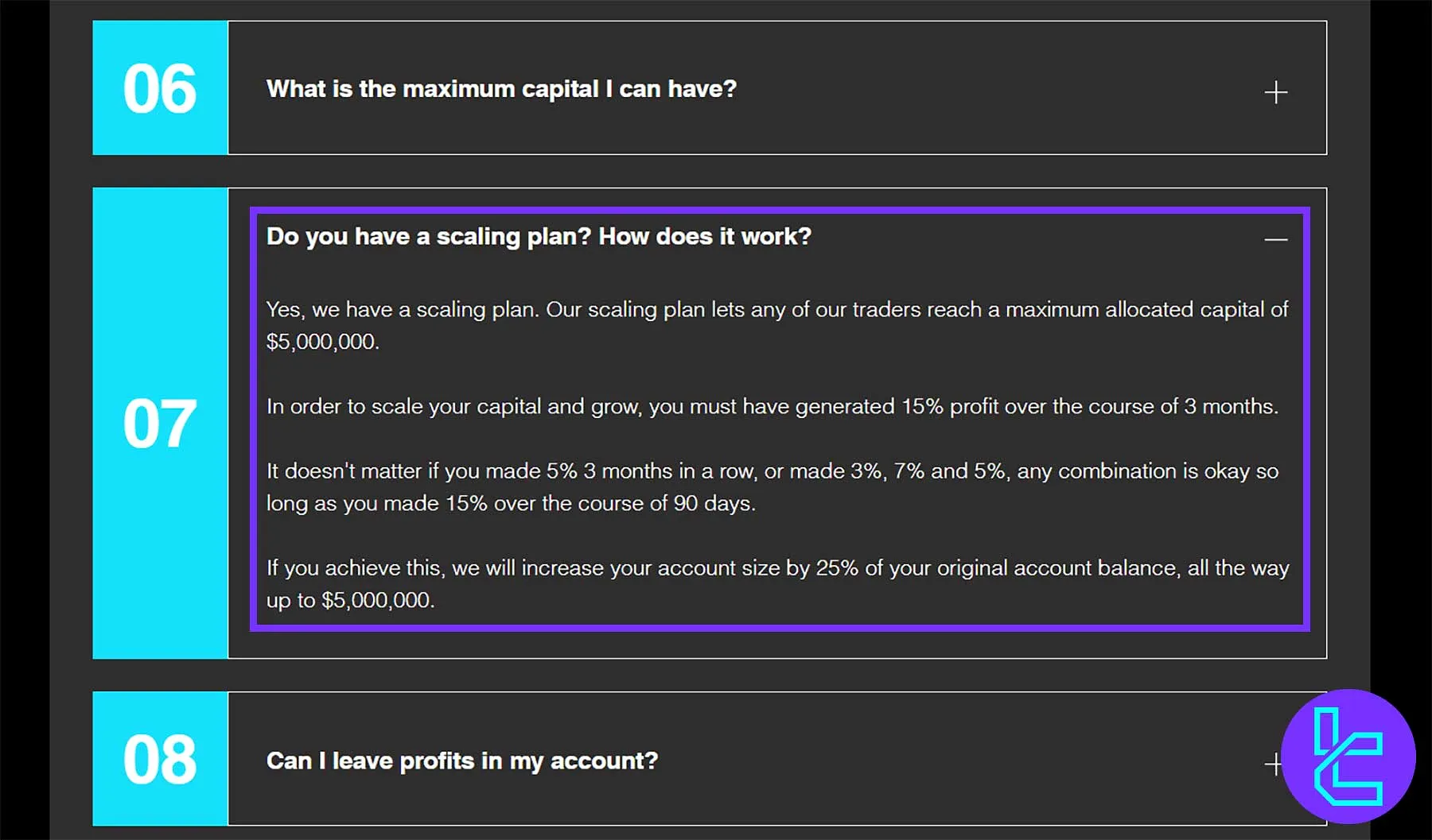 The Trading Capital scaling plan interface showing trader progress