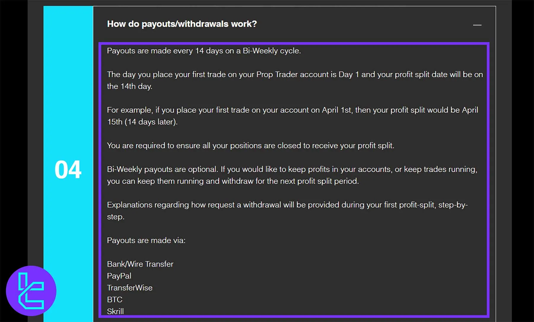 The Trading Capital payout and withdrawal policy screen