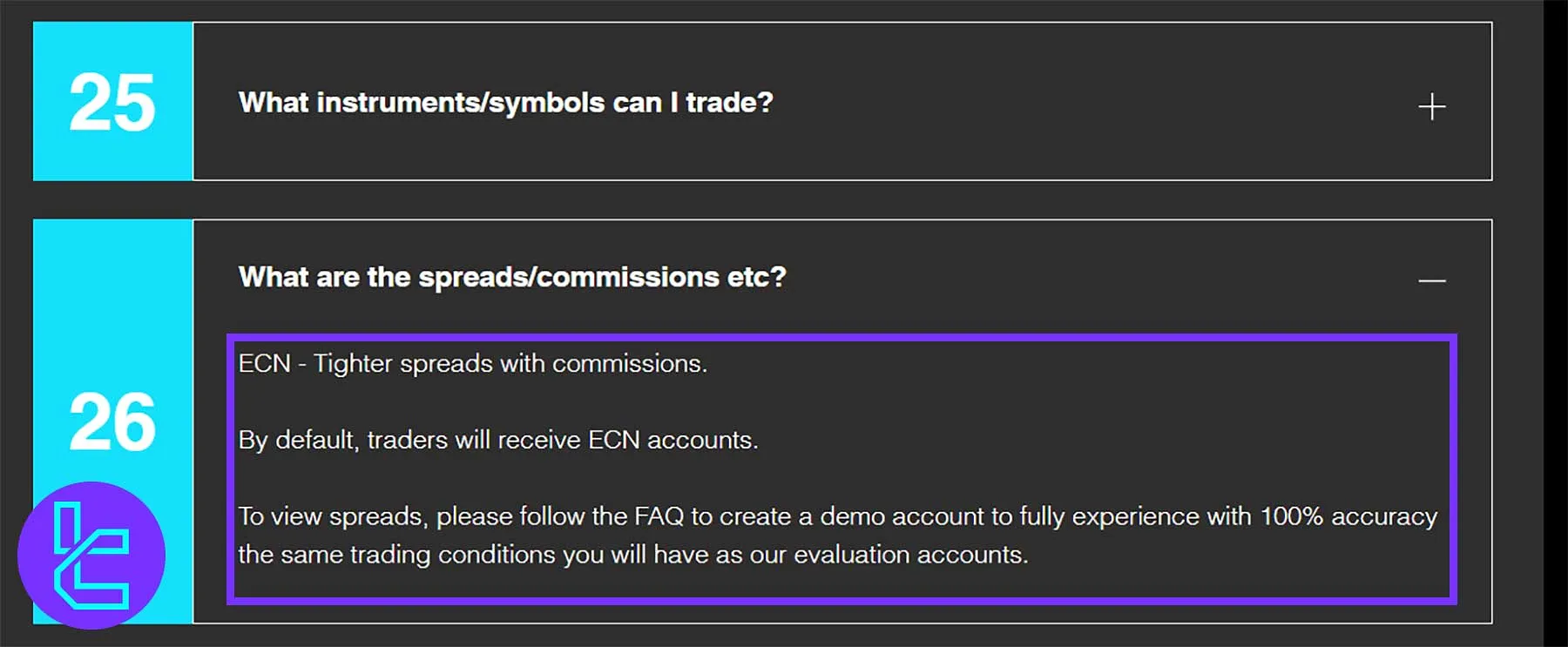 The Trading Capital ECN spreads and commission details screen