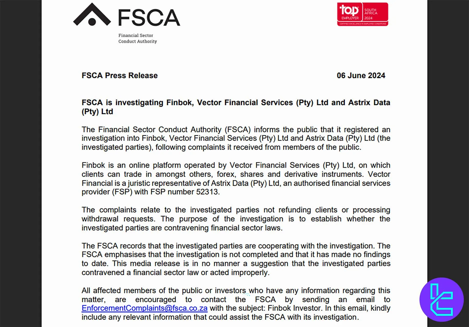 Finbok broker FSCA investigation and regulation update
