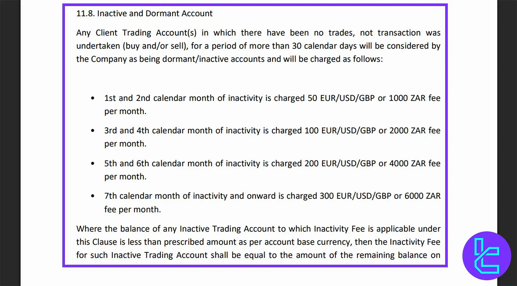 Finbok non-trading and inactivity fees table