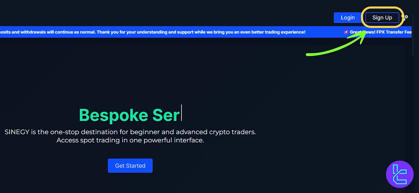 Sinegy sign up Page