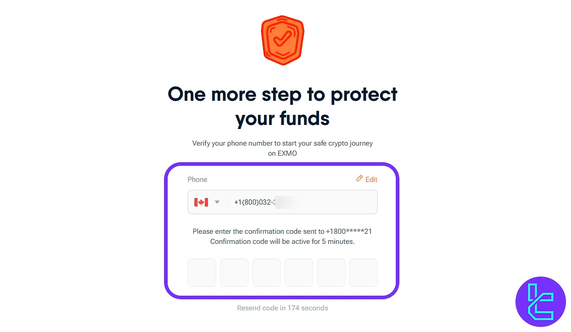EXMO signup code entry screen