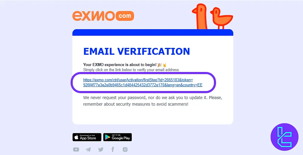 EXMO account setup email verification link