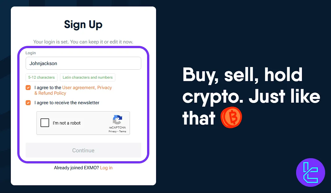 EXMO signup login name