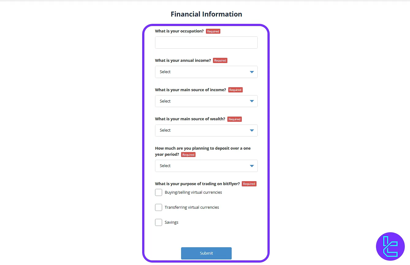BitFlyer account setup, financial information input