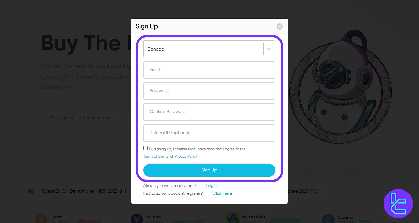OceanEX signup email and password entry
