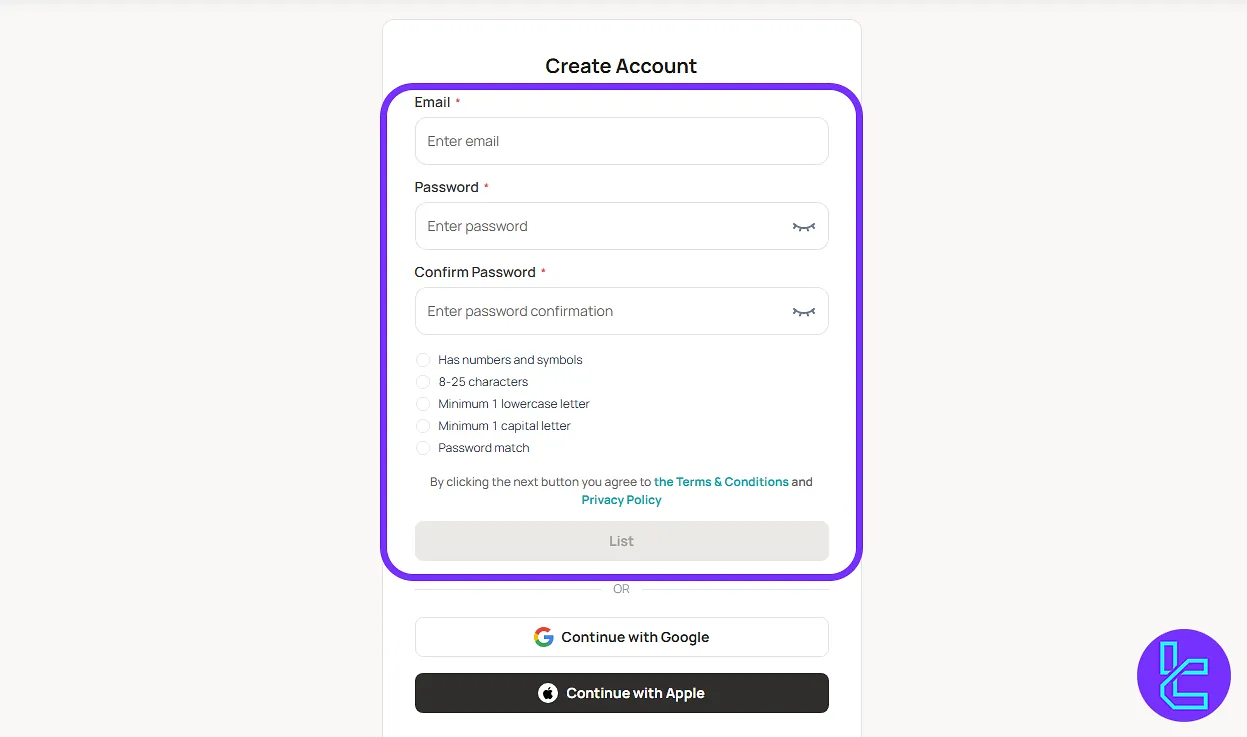 Reku signup, entering email and password