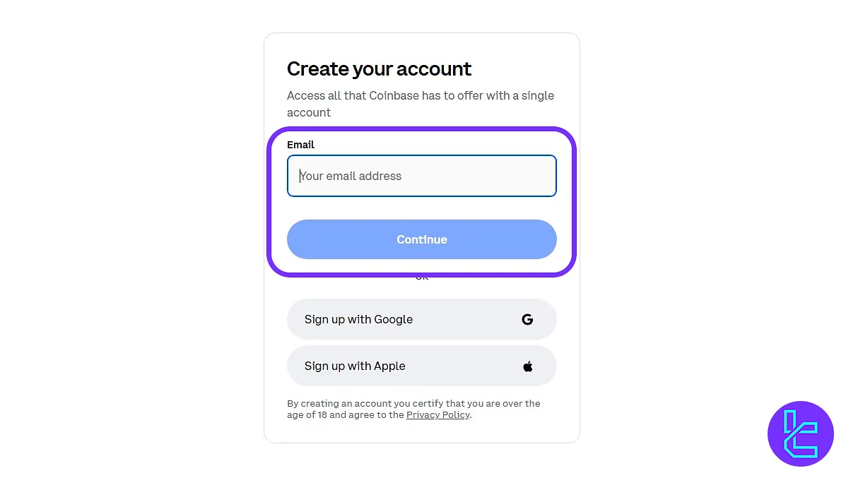 Choose individual Account Type for Coinbase account setup
