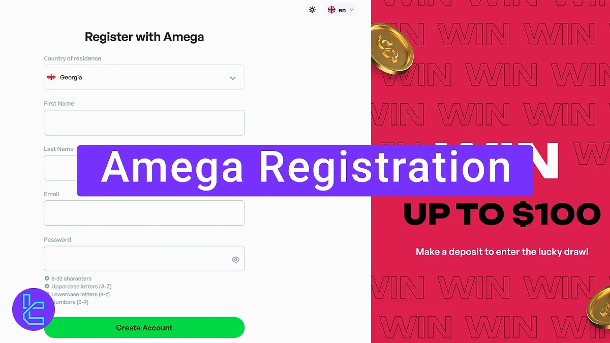 Amega Registration - Country, Email, and Password Required [6 Steps] 2025