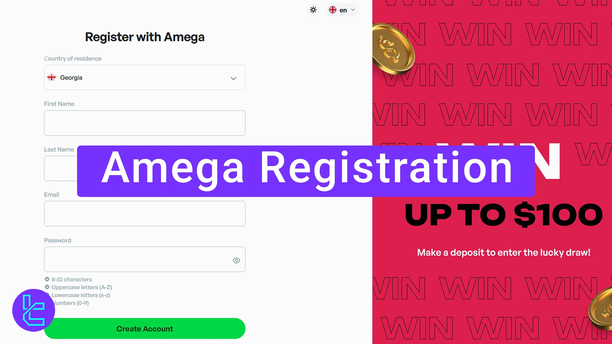 Amega Registration - Country, Email, and Password Required [6 Steps] 2025