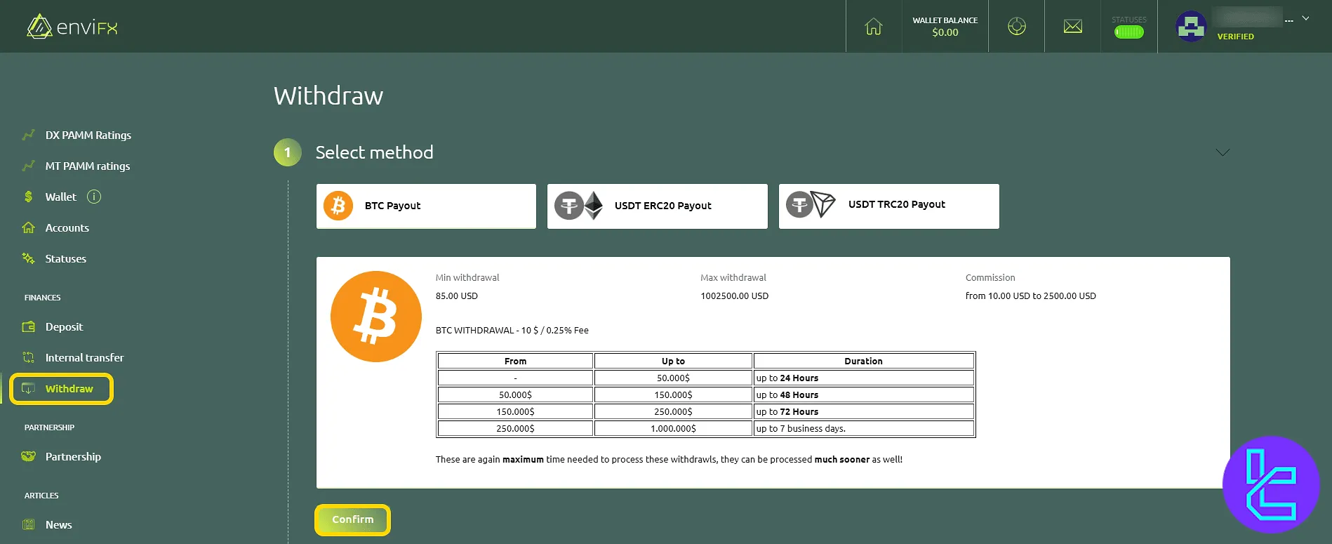 EnviFX withdrawal methods and fee details through the client area