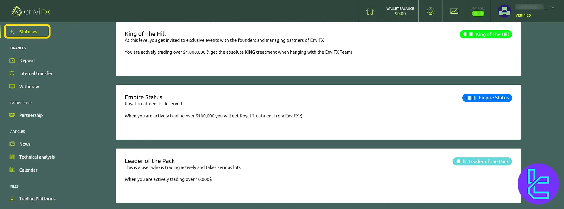 EnviFX account status levels overview in the user panel