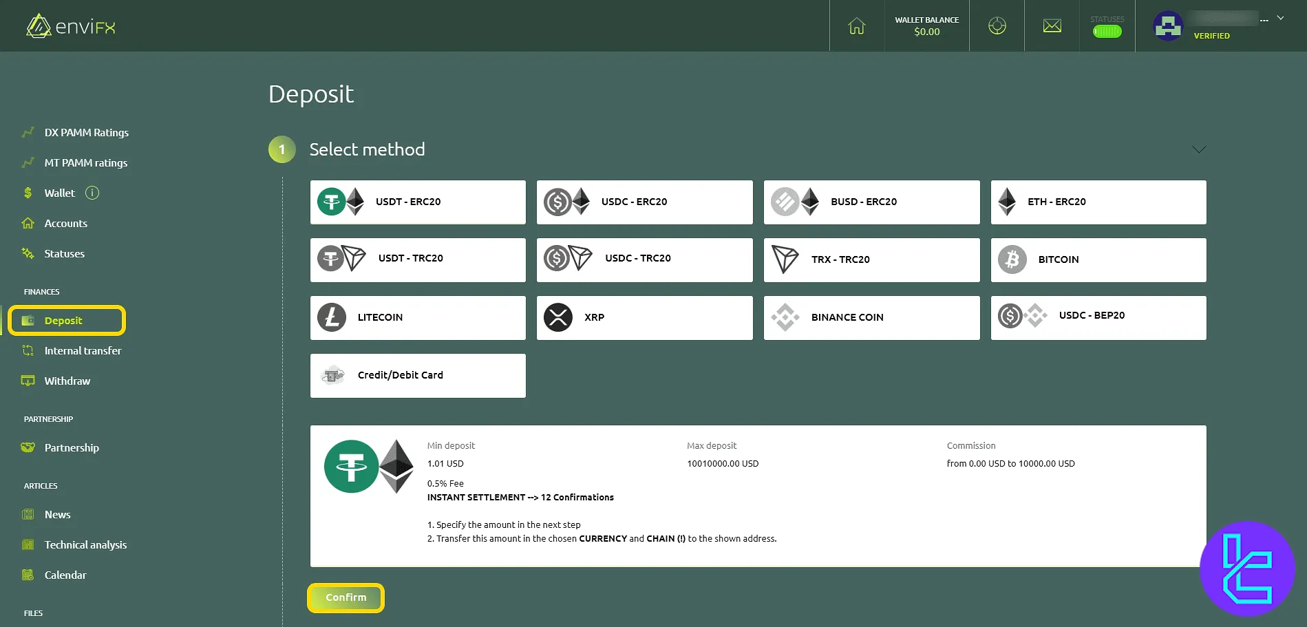 EnviFX deposit methods and confirmation button in the user panel