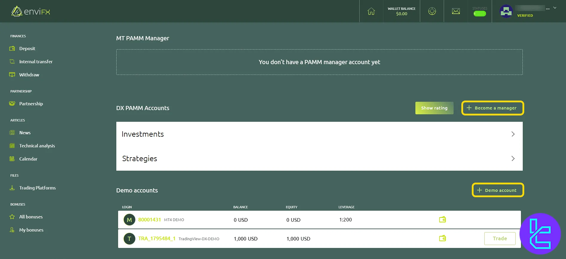 EnviFX accounts list with manager options in the user panel