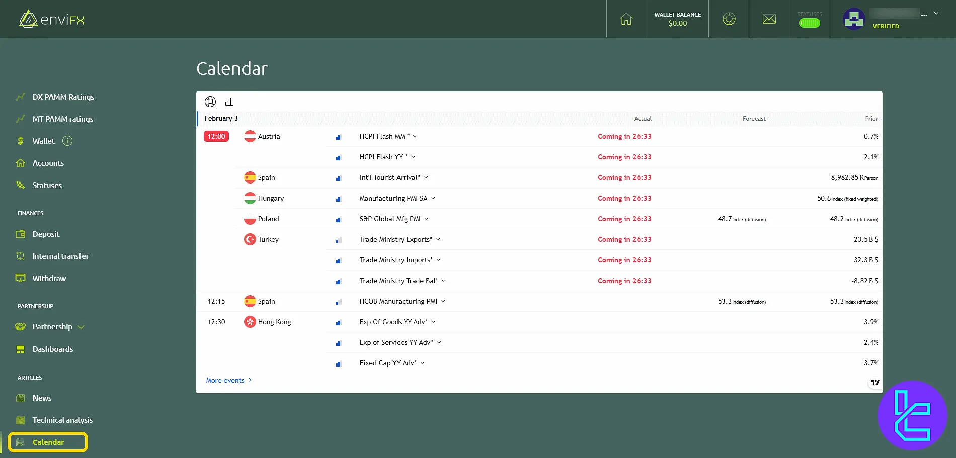 EnviFX economic calendar interface and event list in the trading cabinet