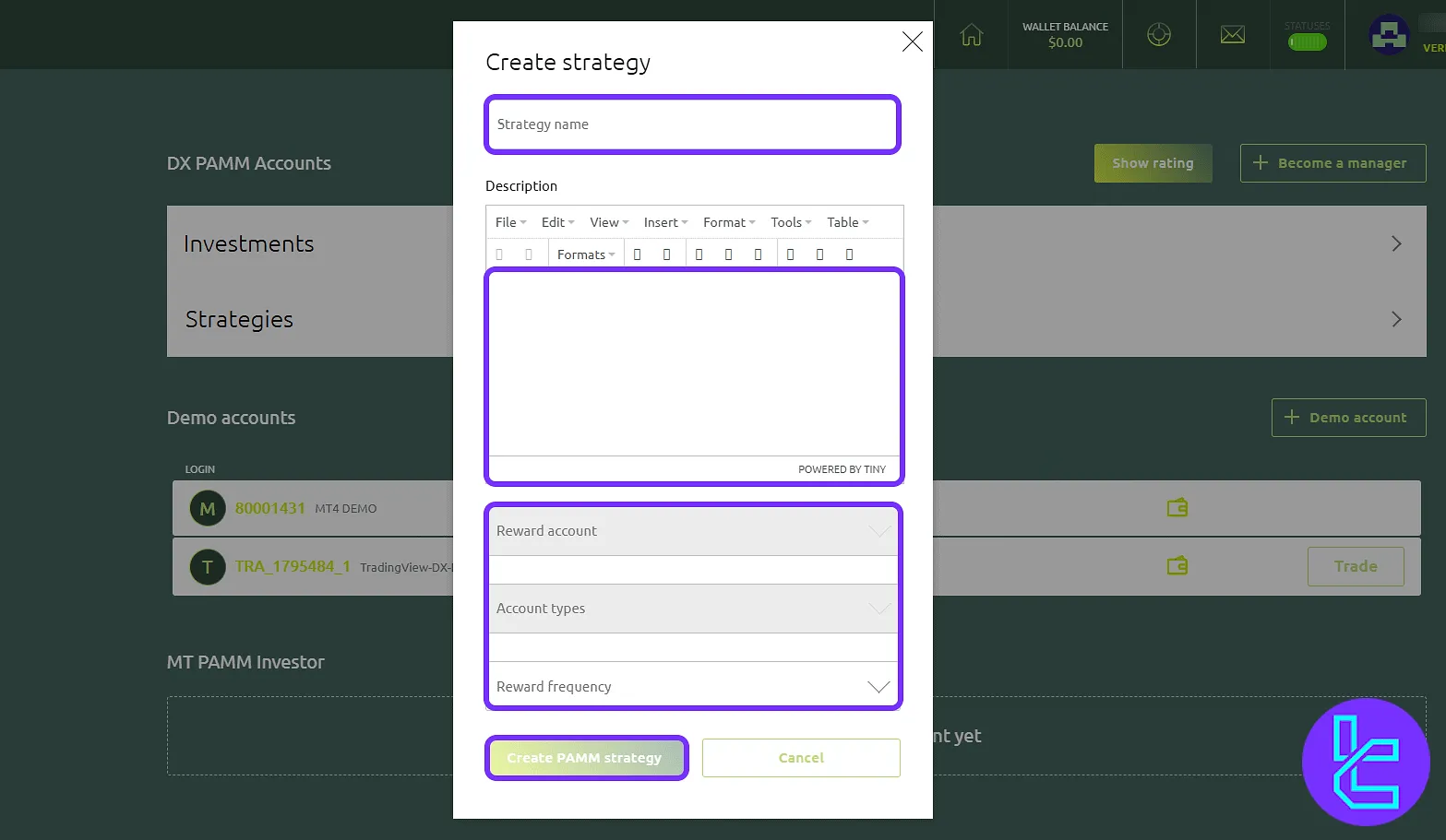EnviFX PAMM strategy form via the dashboard