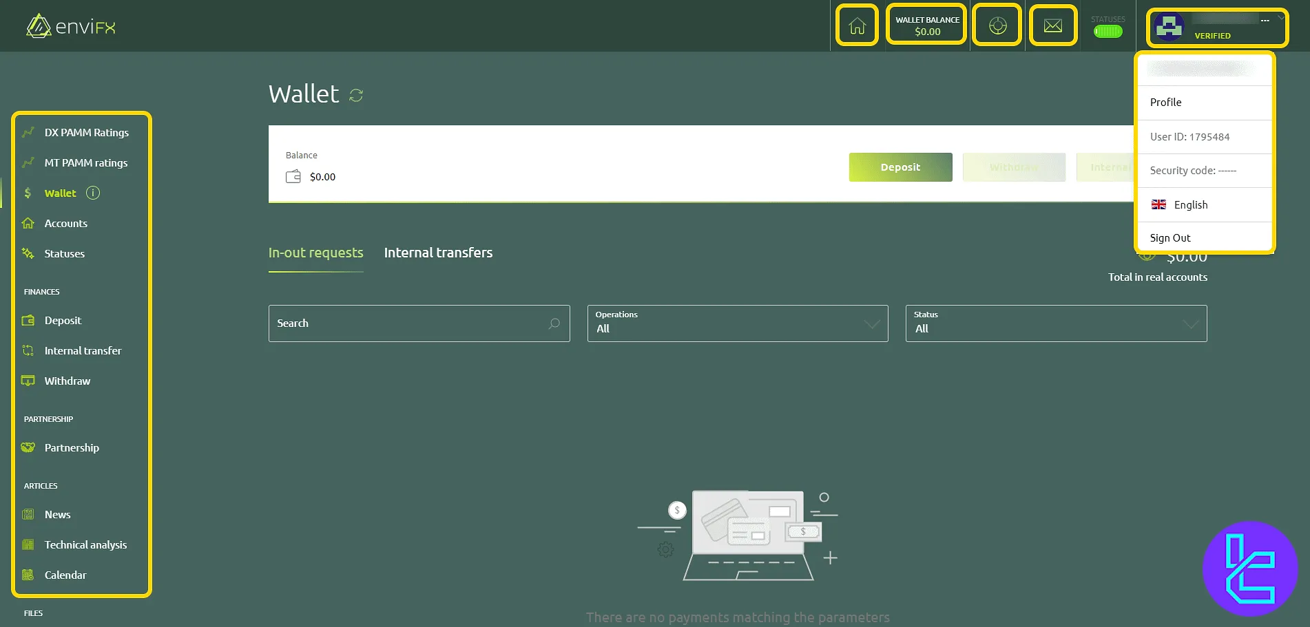 EnviFX profile dropdown and navigation overview
