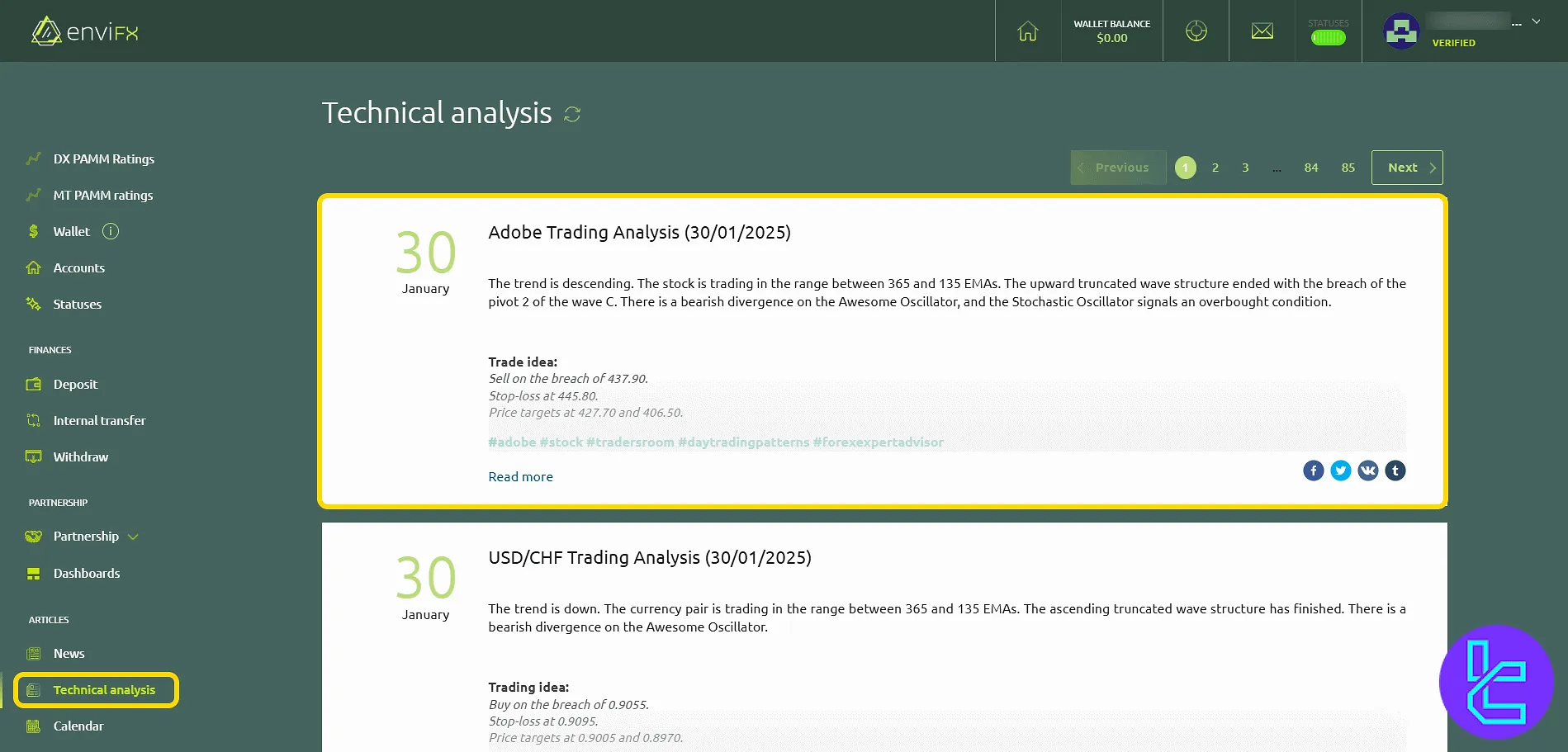 EnviFX analysis feed and trade ideas via the user panel
