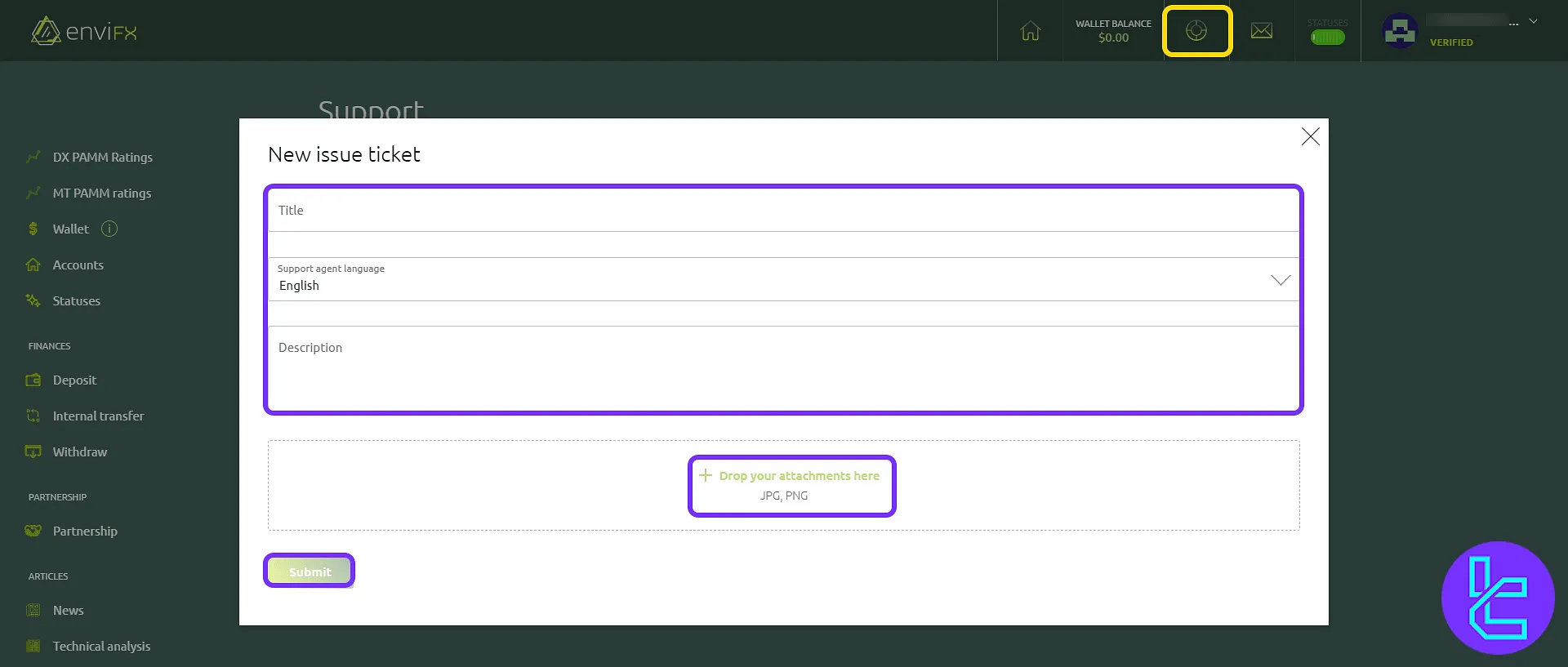 EnviFX support ticket creation form