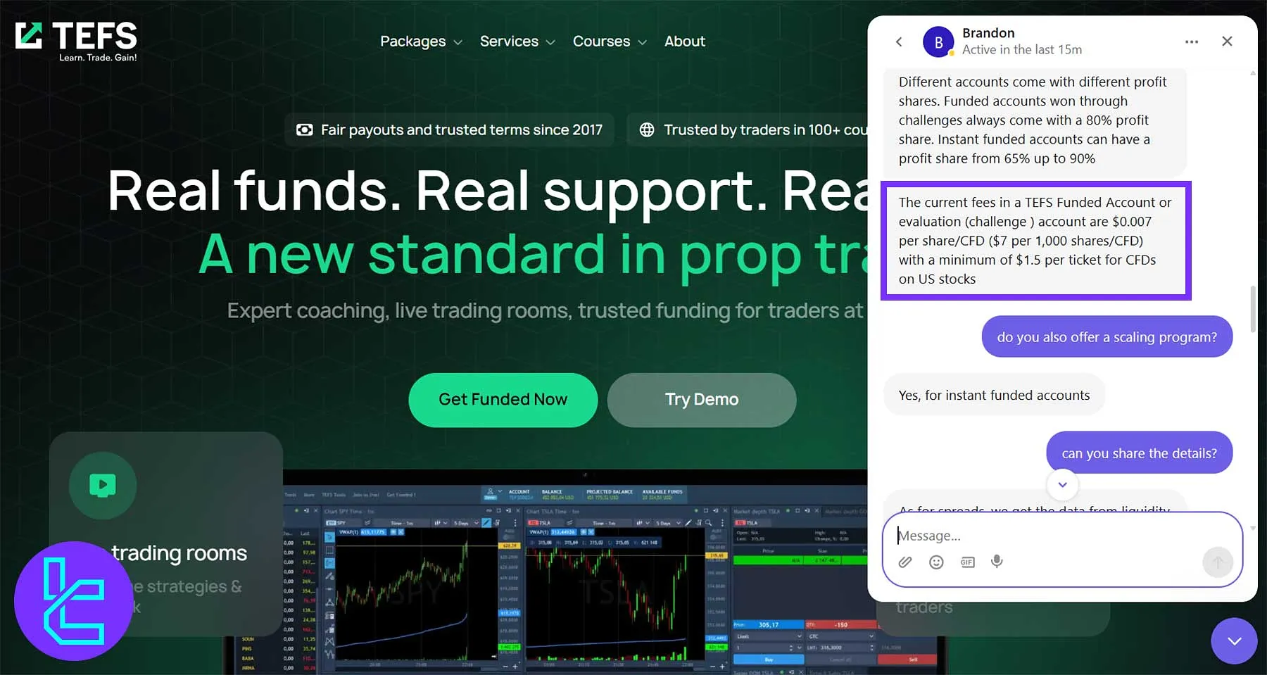 TEFS trading cost breakdown showing per-share fees and spread structure