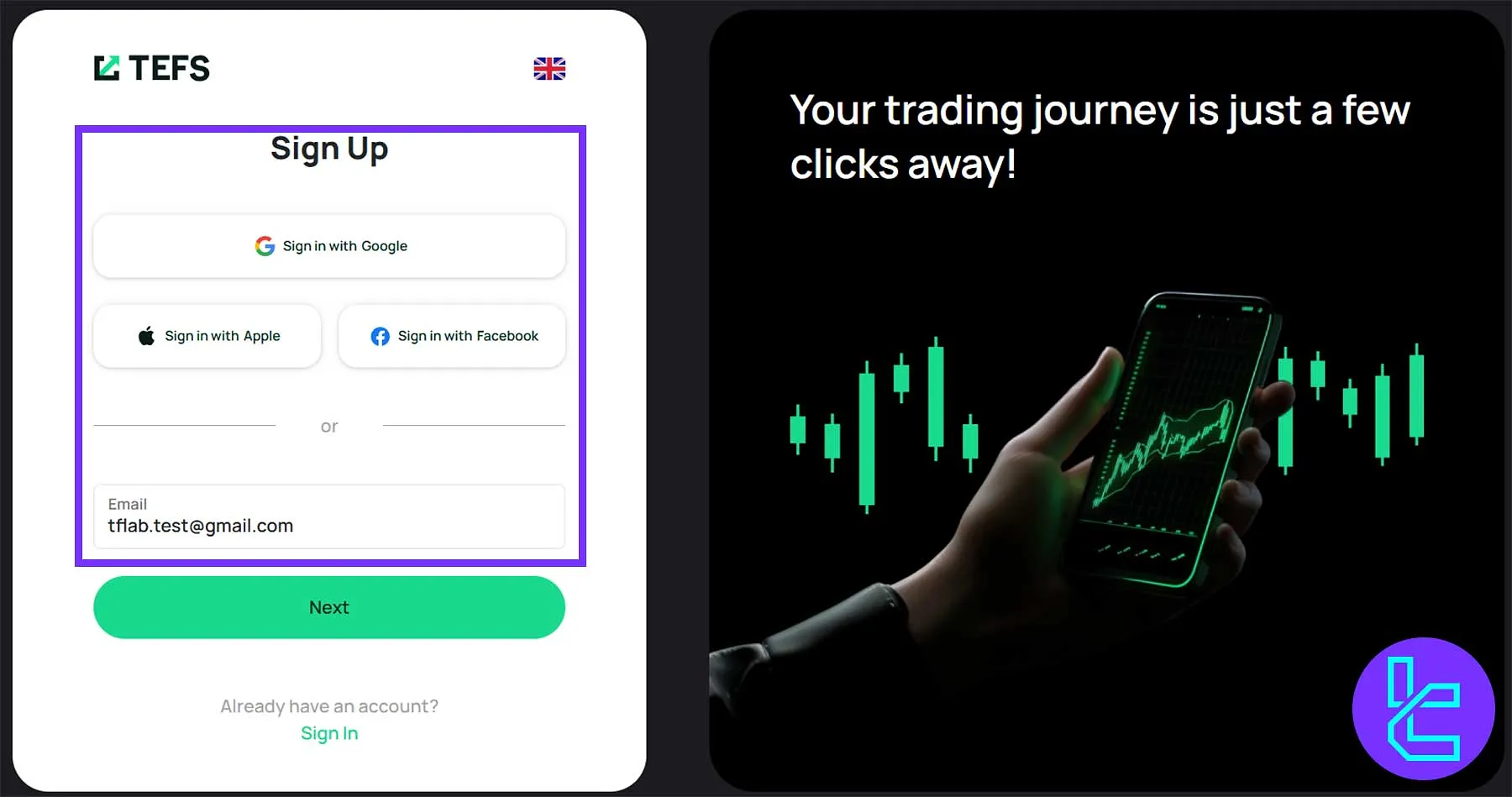 TEFS sign-up page with Google, Apple, and Facebook login buttons