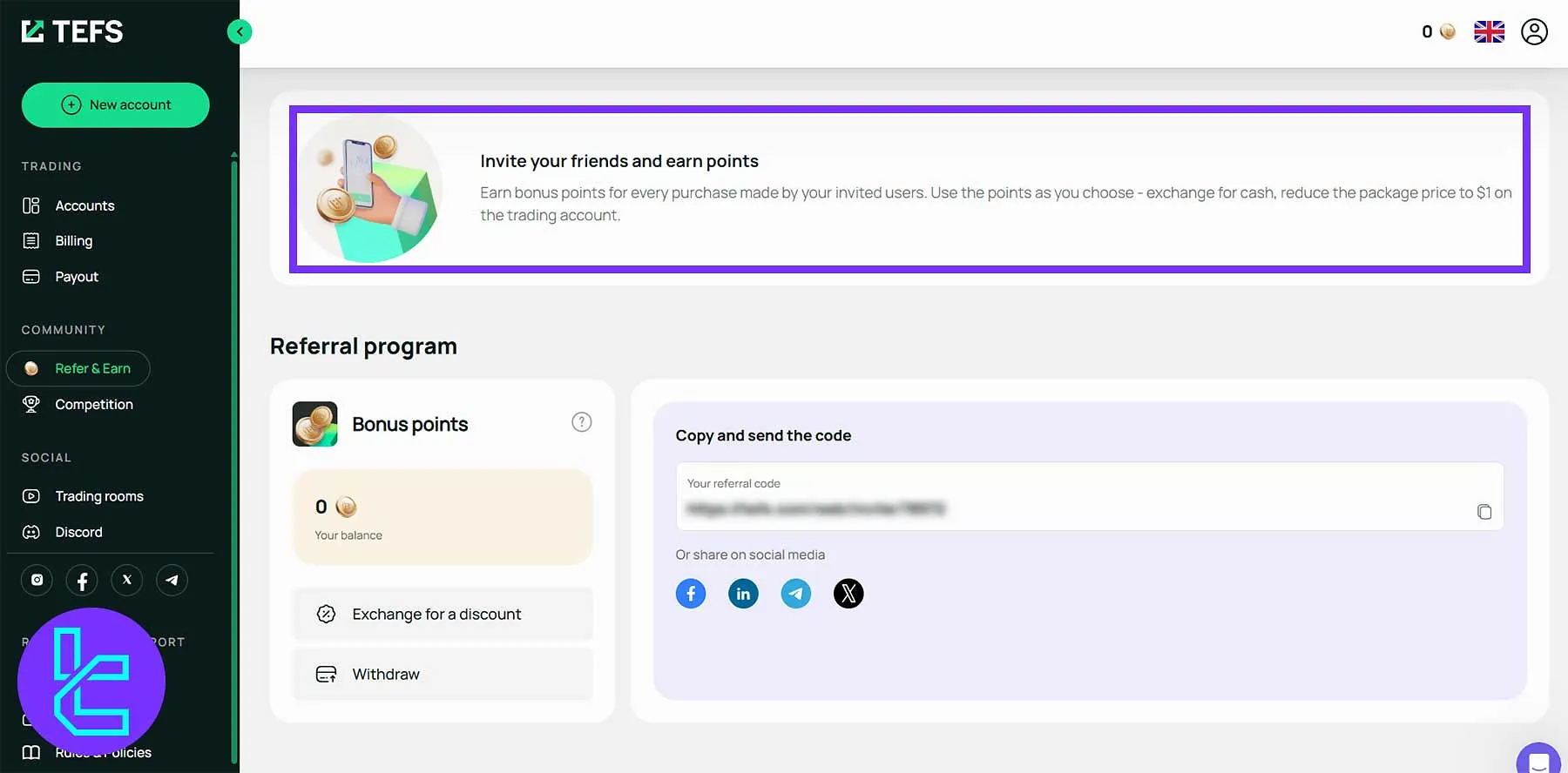 TEFS referral dashboard showing invite link and bonus balance