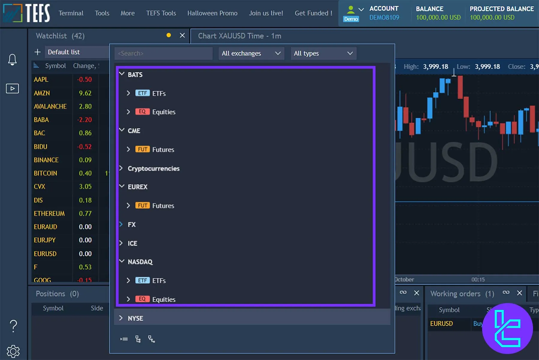 TEFS trading platform showing supported markets and exchanges list, including Forex, Crypto, and Stocks