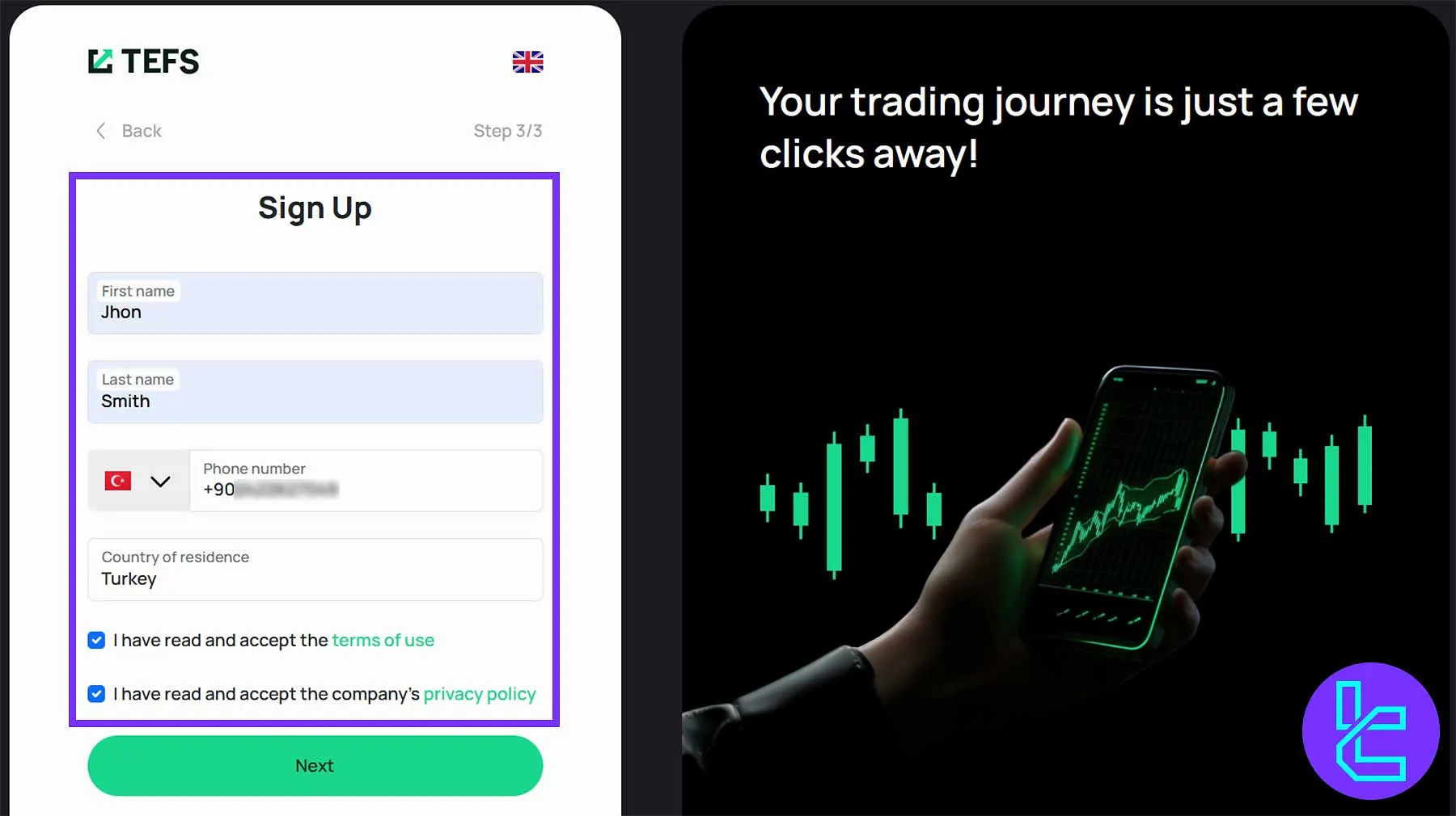 TEFS registration page showing personal data entry fields