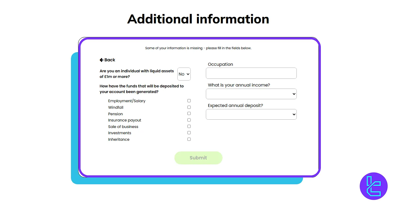 CoinCorner POI financial details form