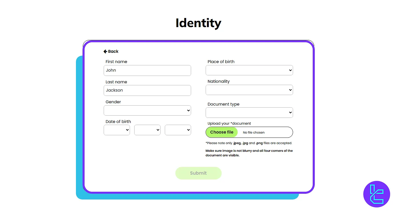 CoinCorner authentication personal information form