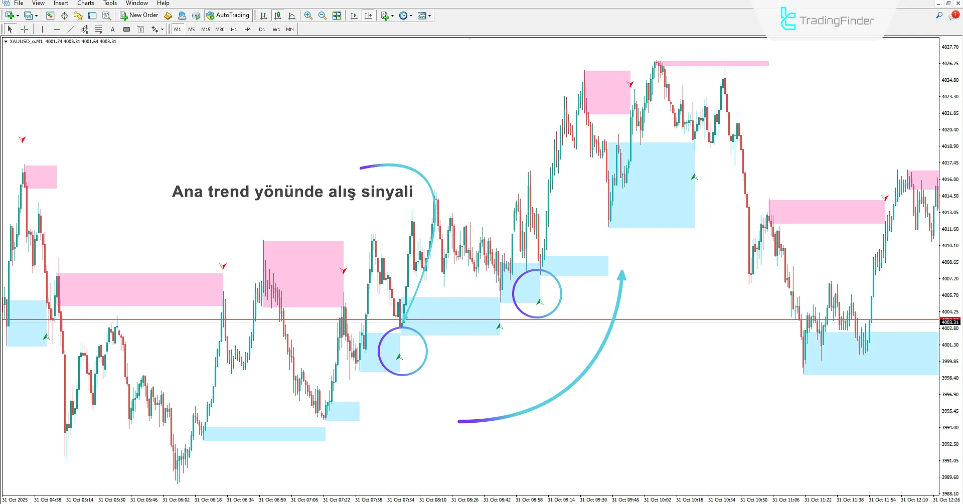 Khosro XAUUSD Stratejisi TRH Kurulum Göstergesinde yükseliş fiyat reaksiyon bölgelerinin tanımlanması