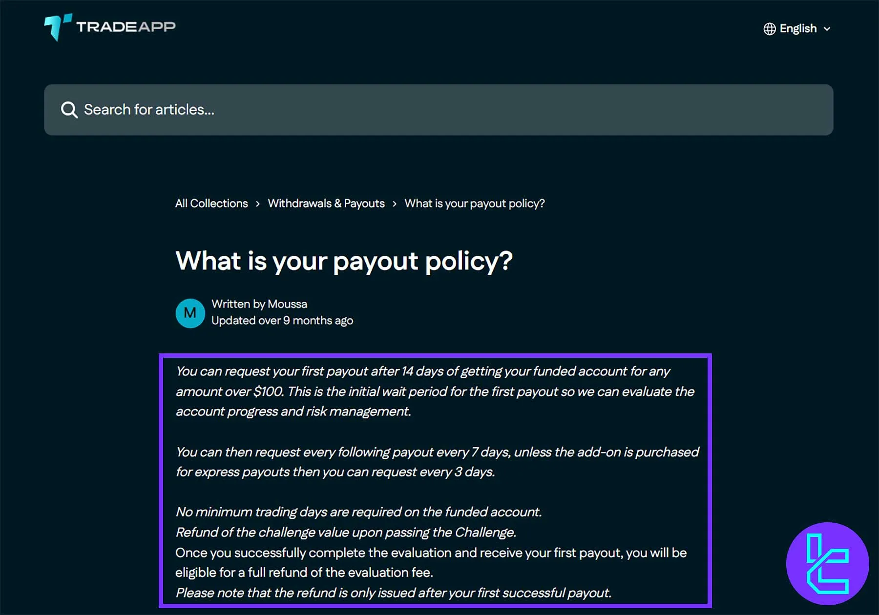 TradeApp payout policy and withdrawal system