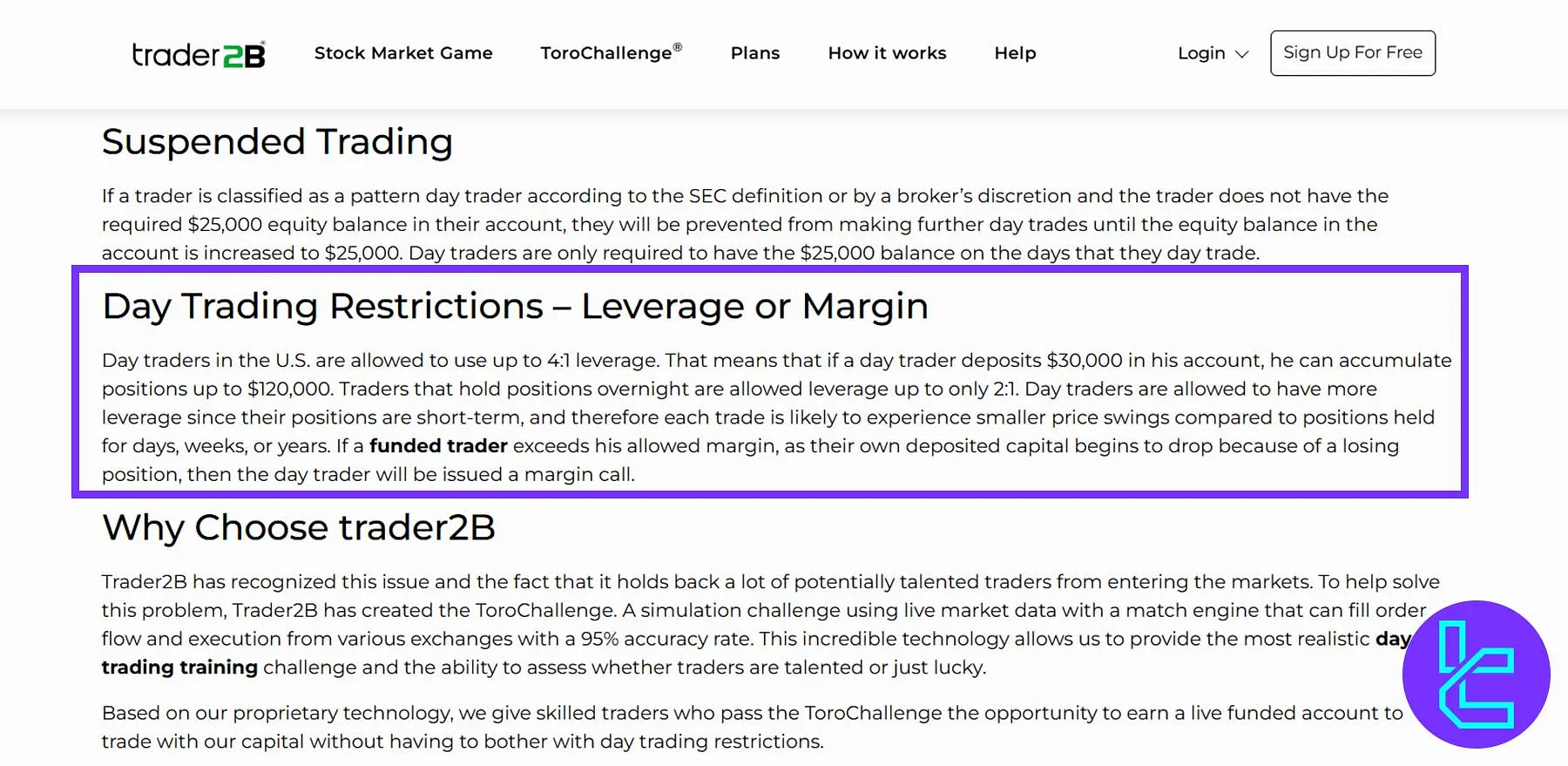 Trader2B day trading leverage and margin rules visual