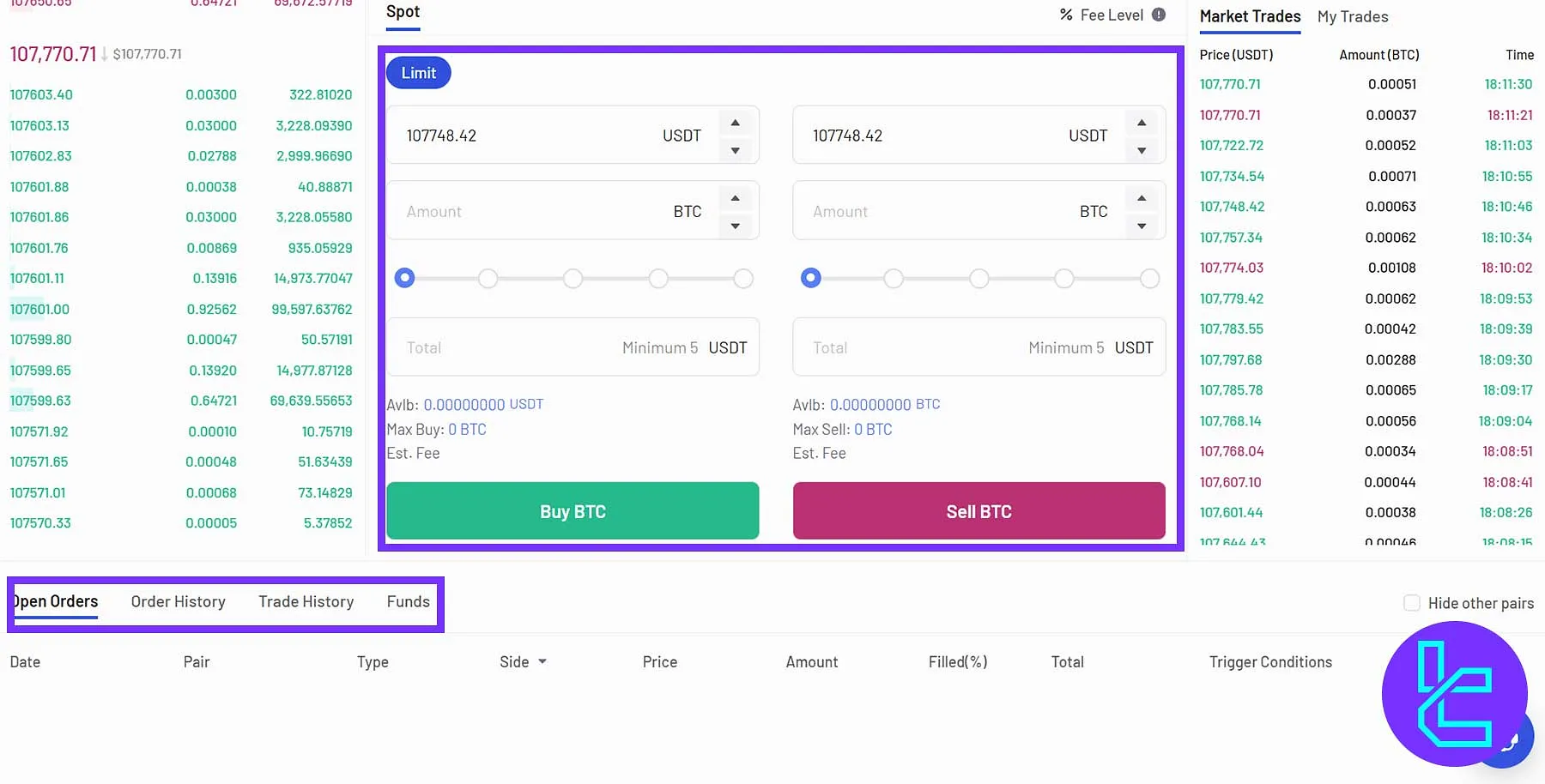 VinDAX Spot trading interface for placing buy and sell orders