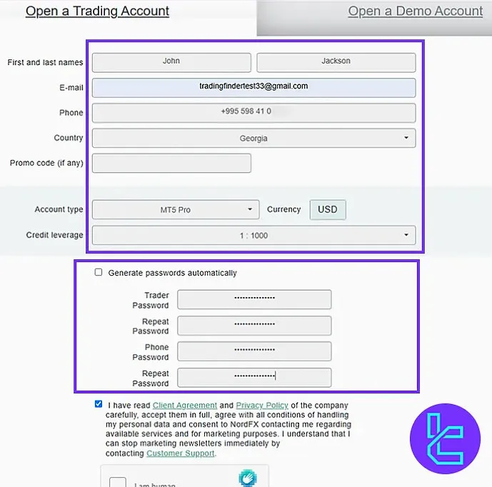 NordFX registration form
