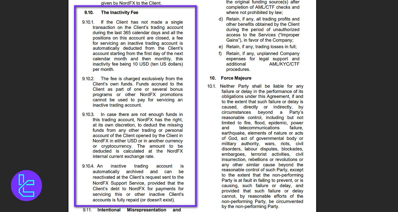 NordFX Inactivity Fees