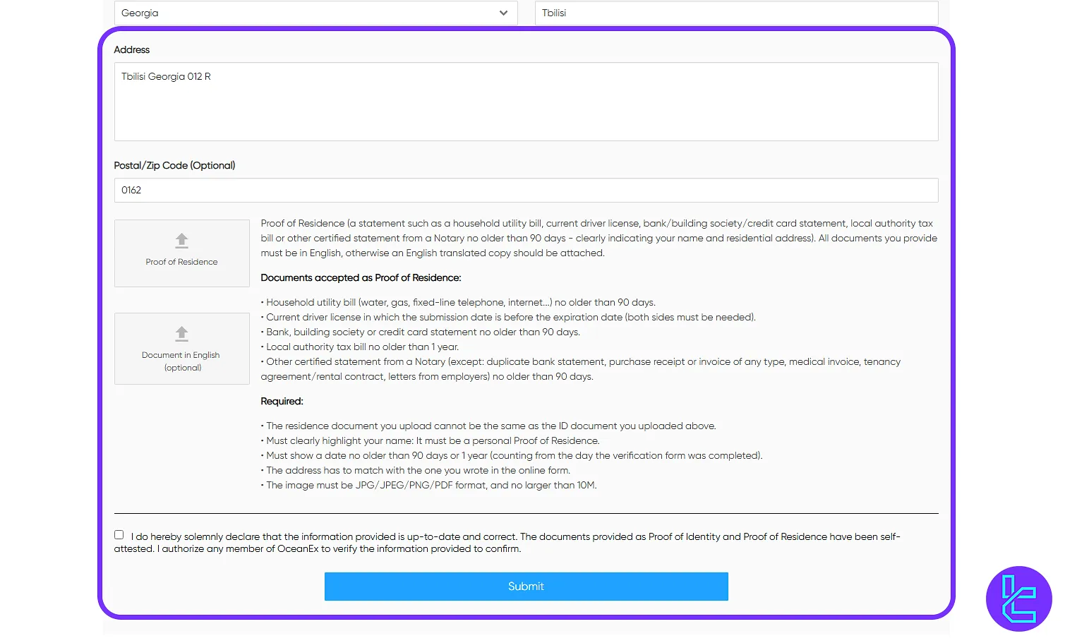 OceanEX KYC proof of residence upload