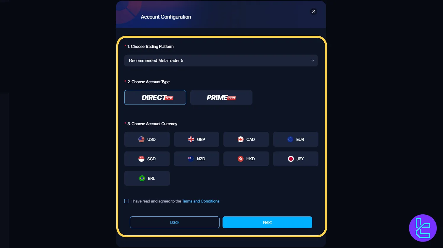 Moneta Markets Broker account type selection page