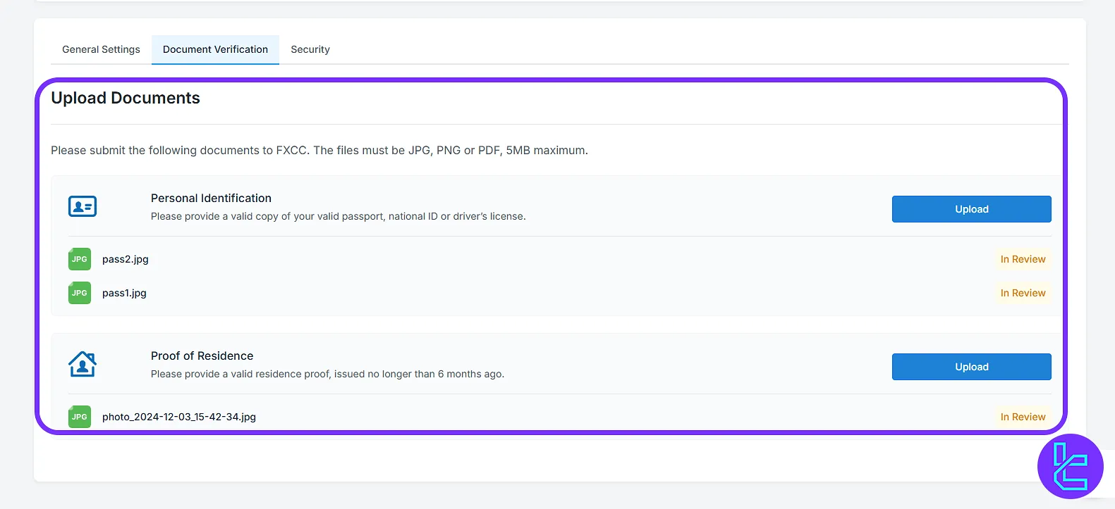 FXCC Broker POI identity document upload