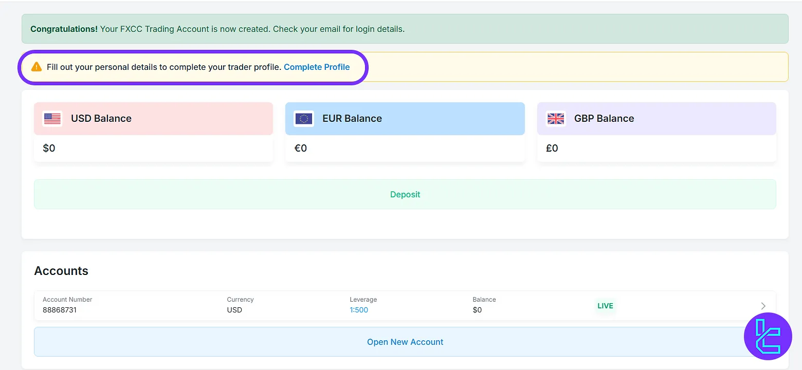FXCC Broker POI complete profile form