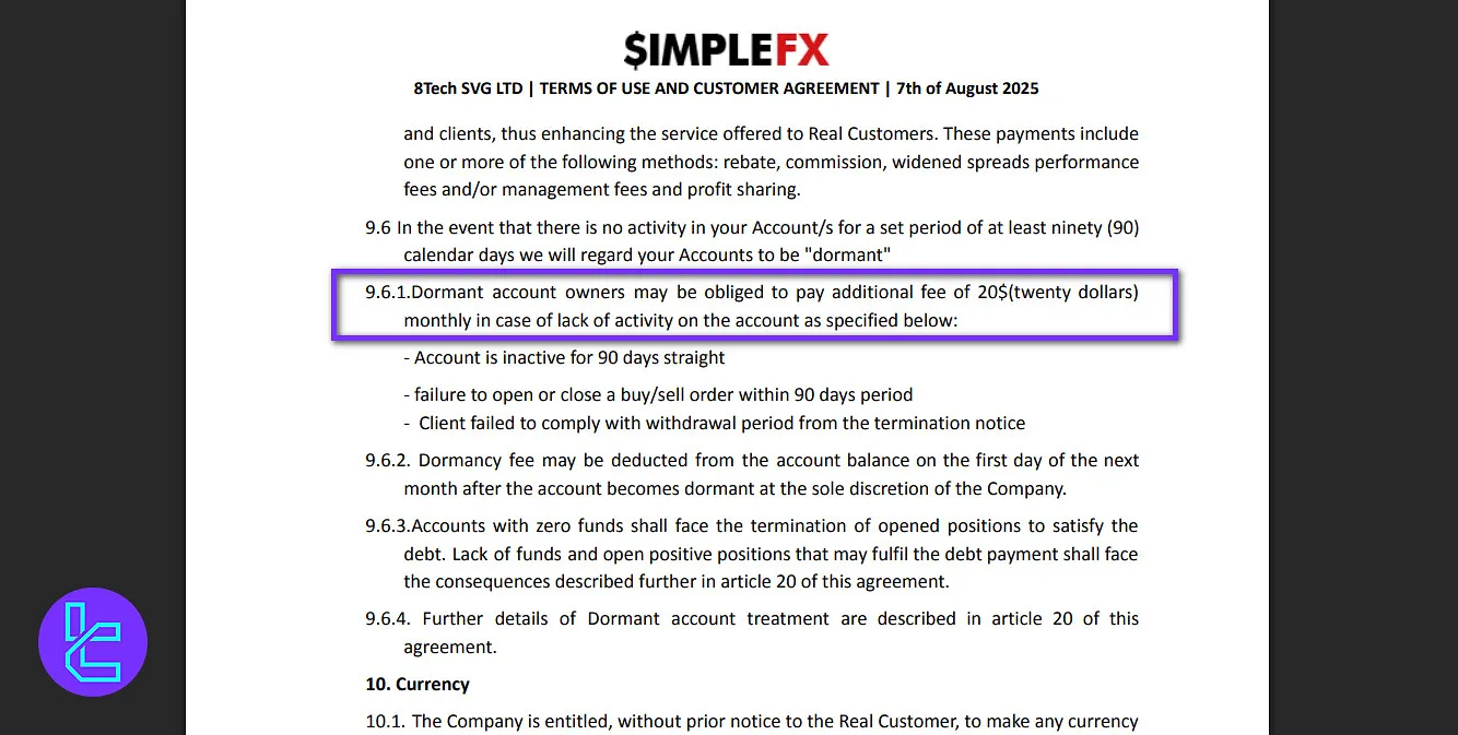 SimpleFX inactivity fee