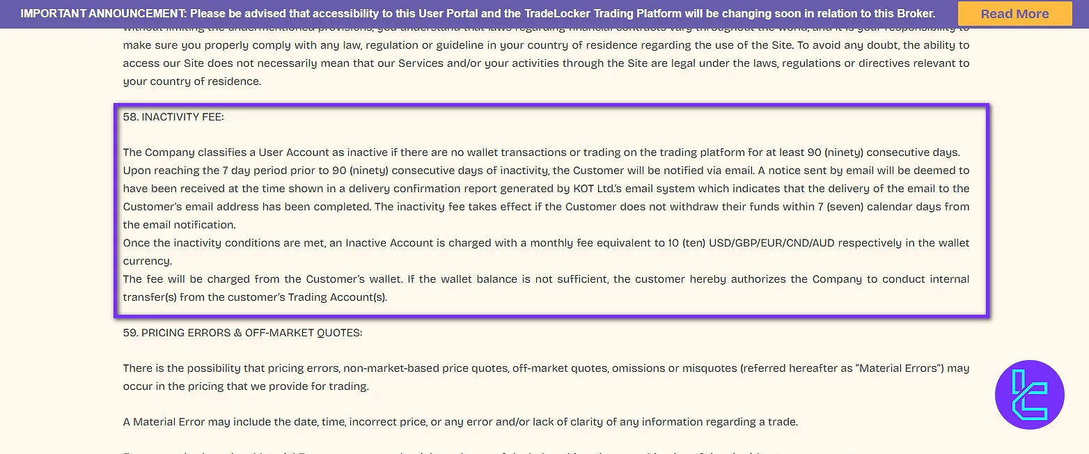 KOT4X inactivity fees